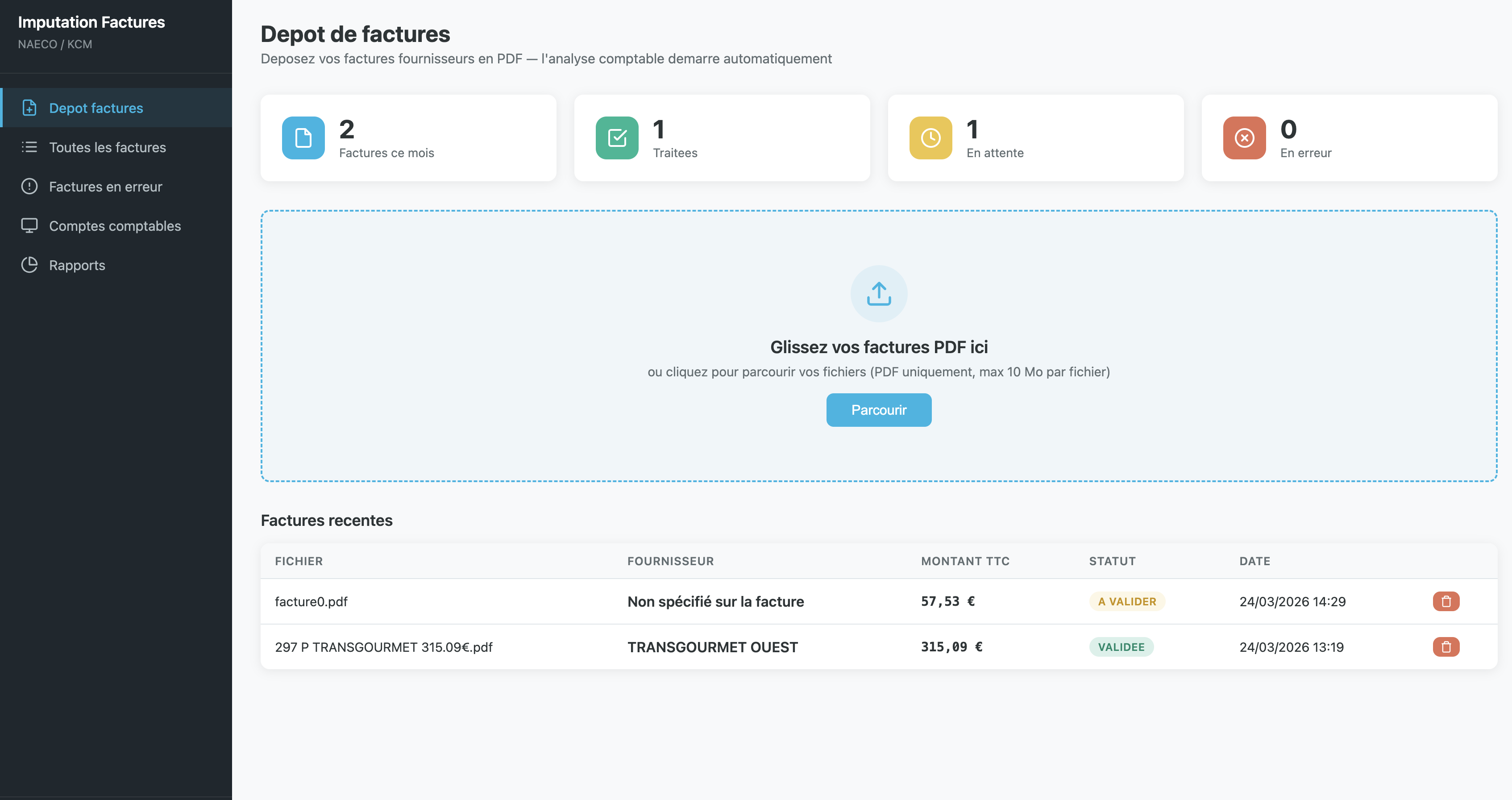Interface de traitement automatique des factures fournisseurs